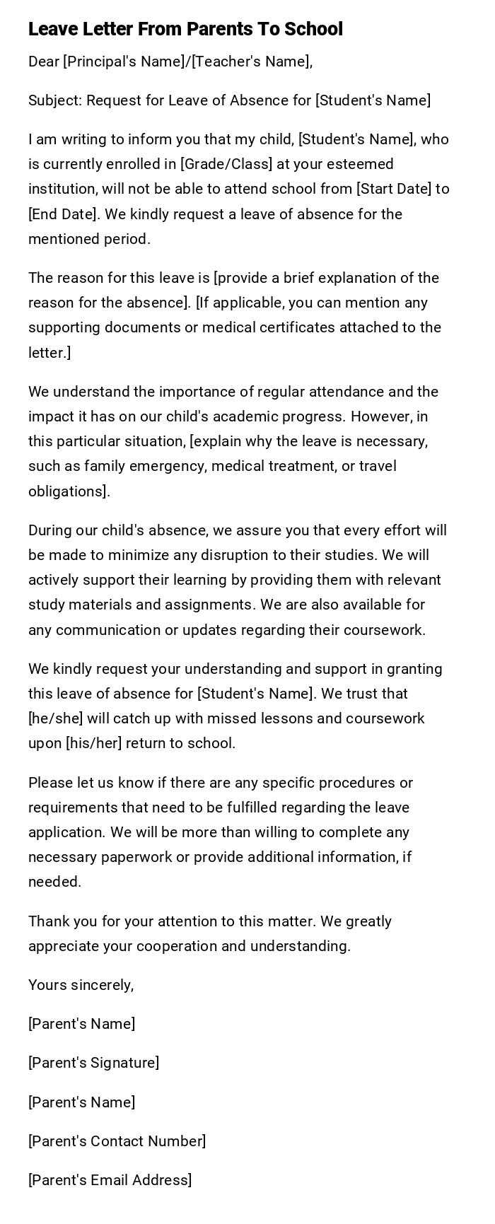 Leave Letter From Parents To School