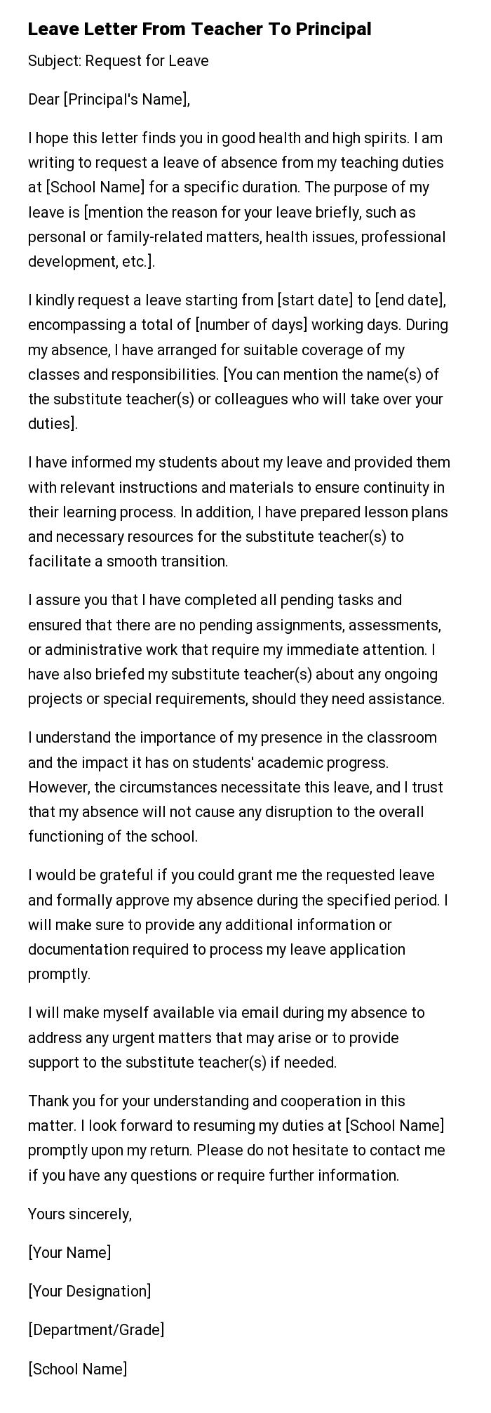 Leave Letter From Teacher To Principal