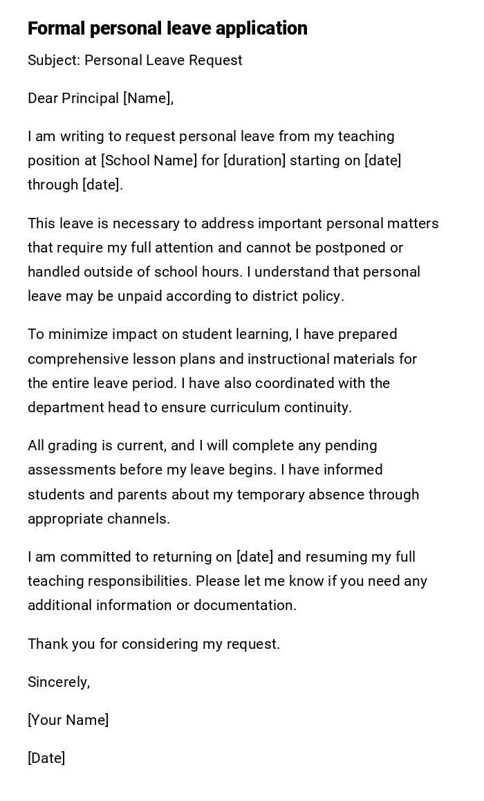 Formal personal leave application Formal personal leave application