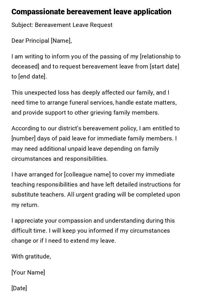 Compassionate bereavement leave application Compassionate bereavement leave application