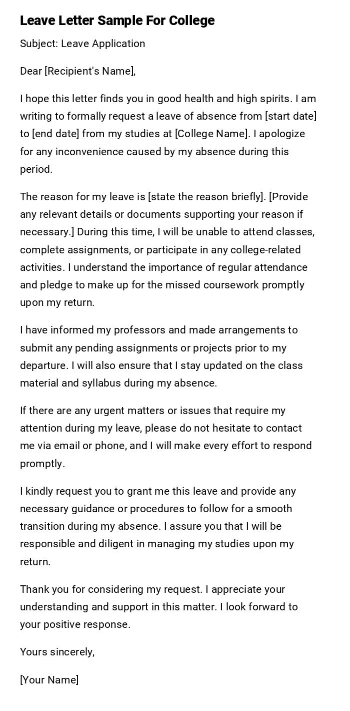 Leave Letter Sample For College Leave Letter Sample For College