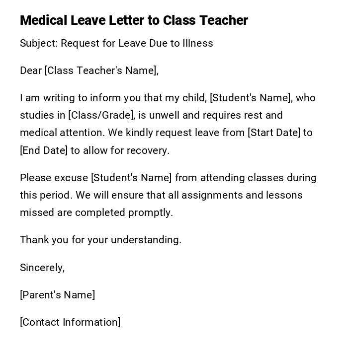 Medical Leave Letter to Class Teacher Medical Leave Letter to Class Teacher