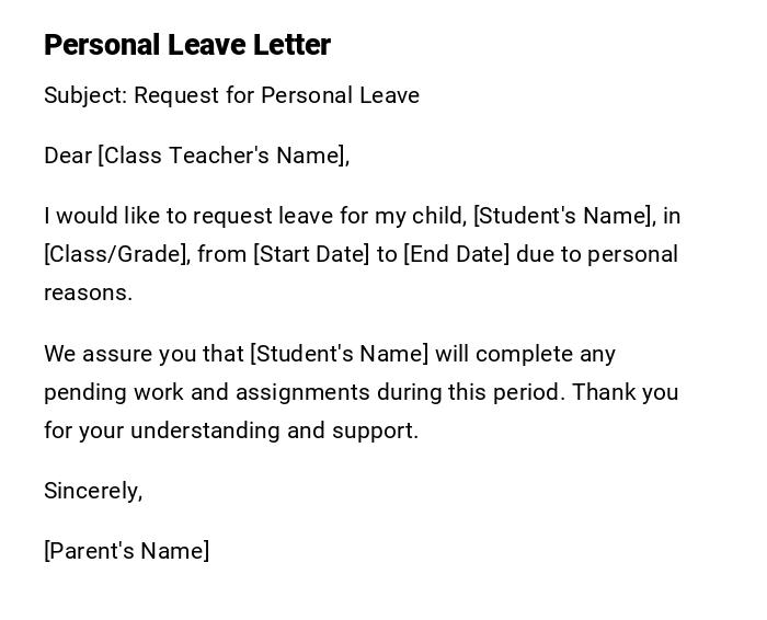 Personal Leave Letter Personal Leave Letter