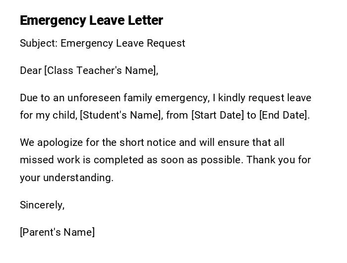 Emergency Leave Letter Emergency Leave Letter