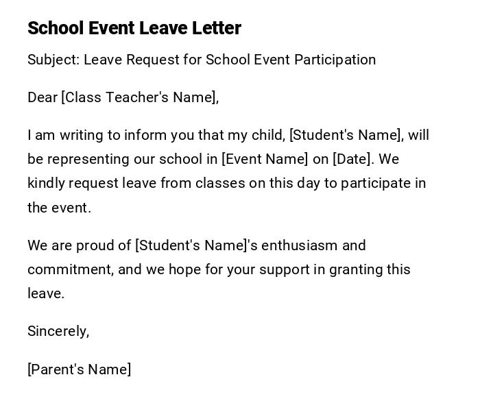 School Event Leave Letter School Event Leave Letter
