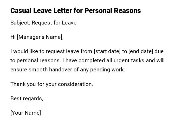 Casual Leave Letter for Personal Reasons Casual Leave Letter for Personal Reasons