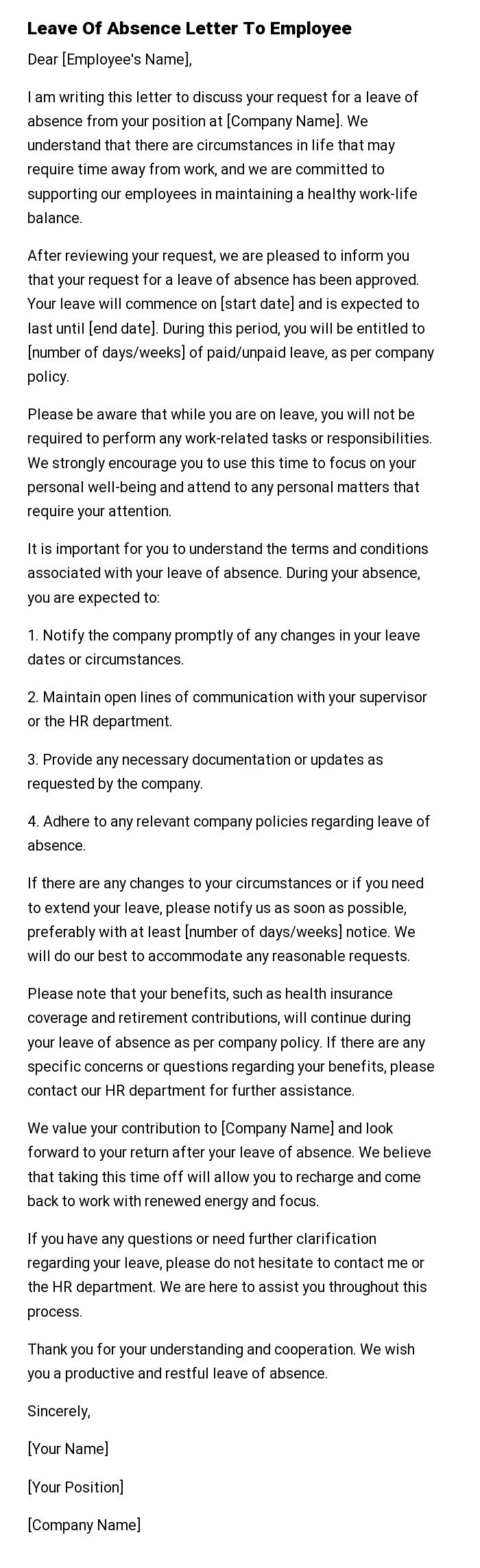 Leave Of Absence Letter To Employee