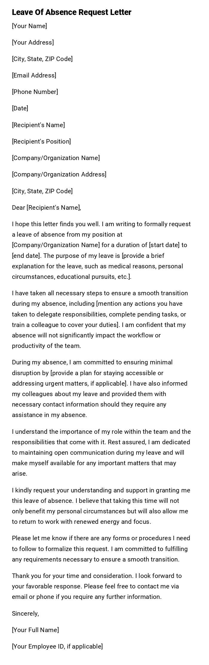Leave Of Absence Request Letter Leave Of Absence Request Letter