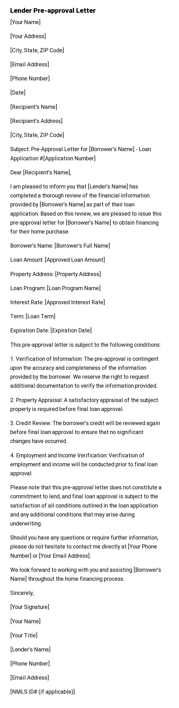 Lender Pre-approval Letter