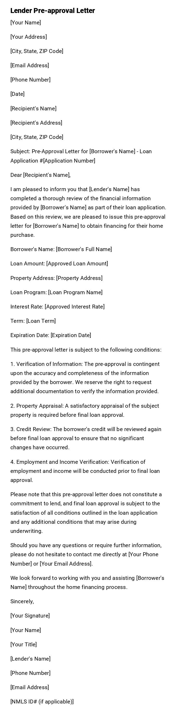 Lender Pre-approval Letter