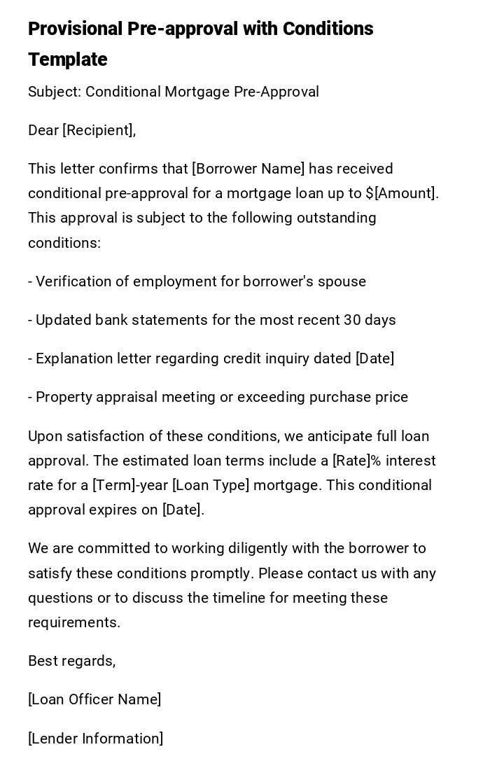 Provisional Pre-approval with Conditions Template Provisional Pre-approval with Conditions Template