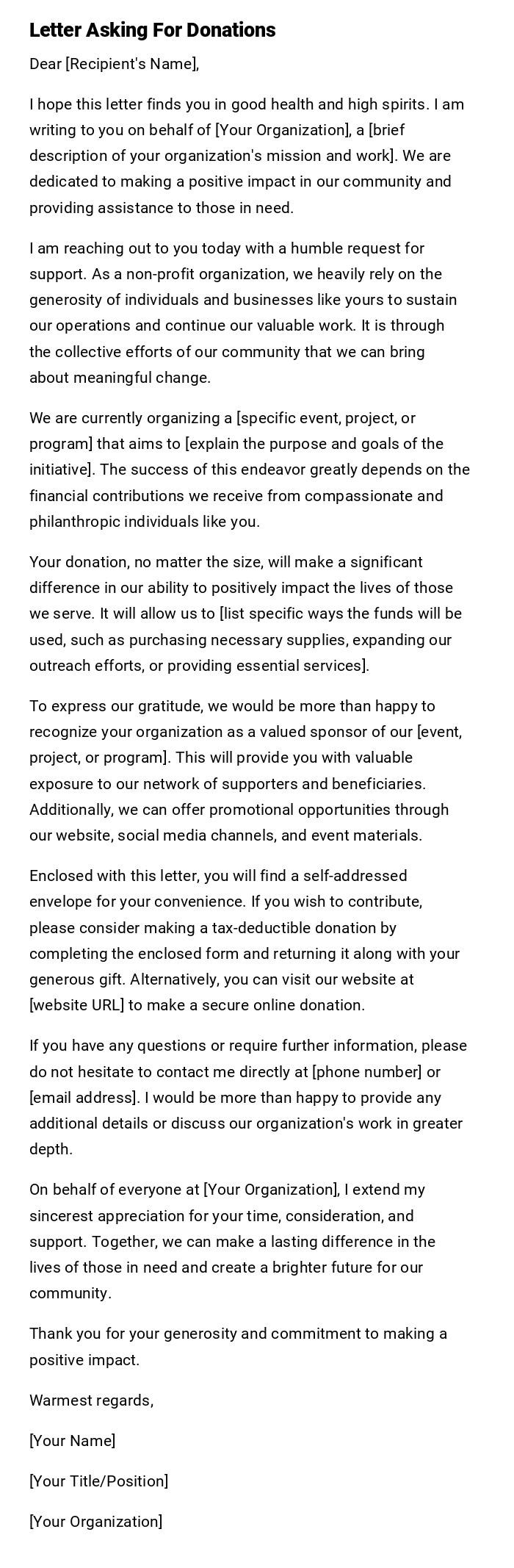 Letter Asking For Donations