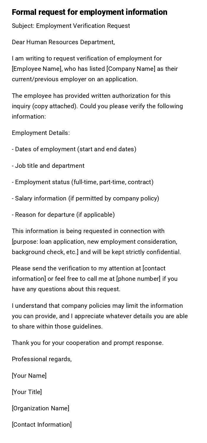 Formal request for employment information Formal request for employment information