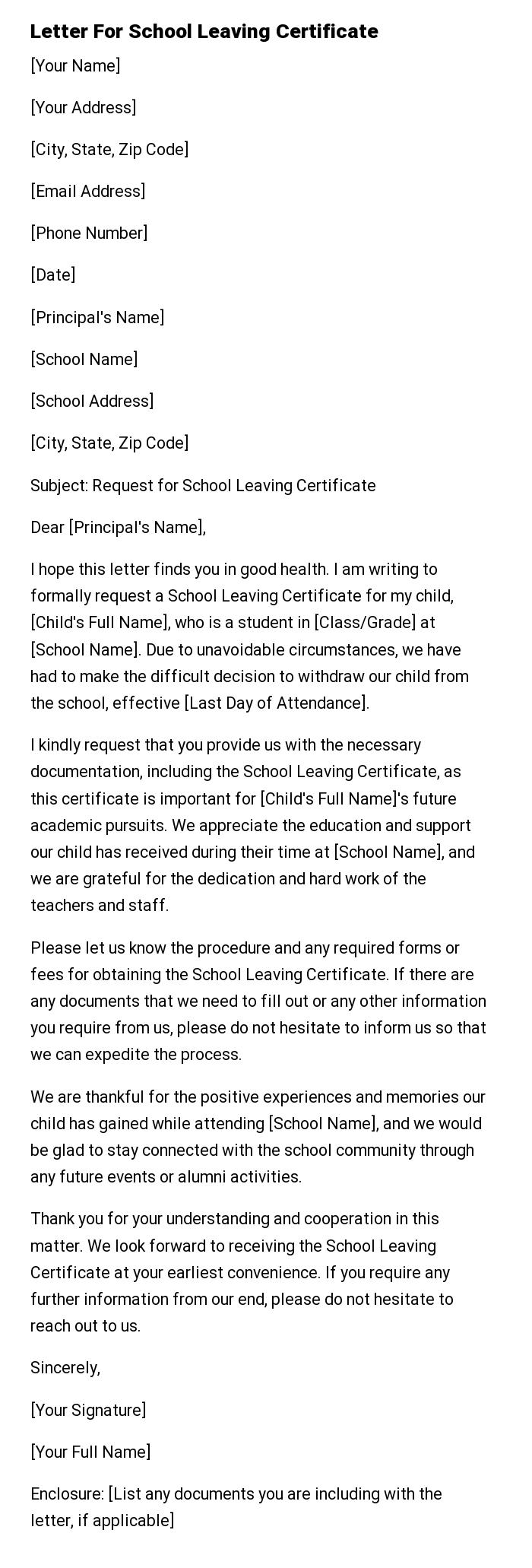 Letter For School Leaving Certificate