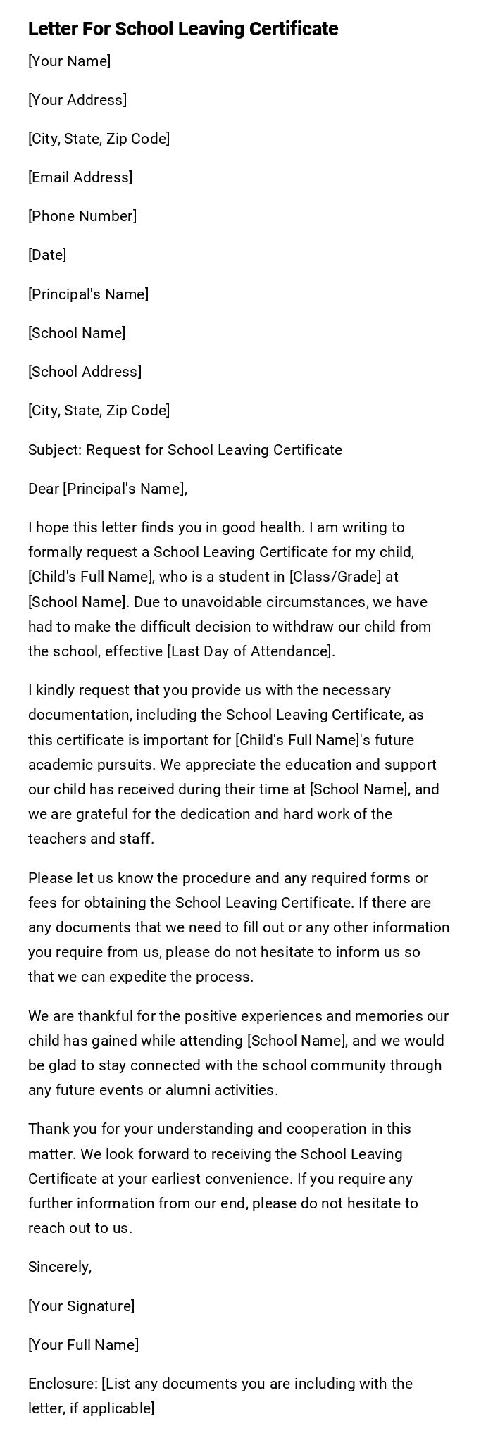 Letter For School Leaving Certificate