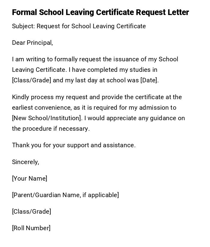 Formal School Leaving Certificate Request Letter Formal School Leaving Certificate Request Letter