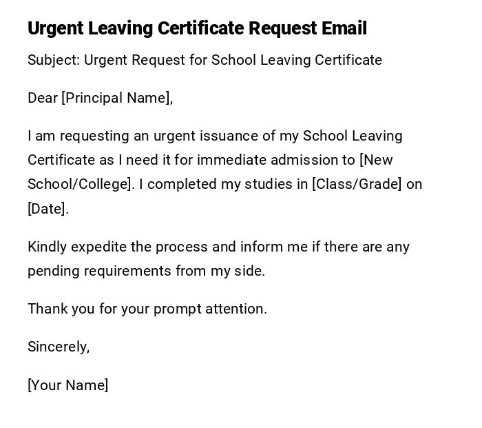 Urgent Leaving Certificate Request Email Urgent Leaving Certificate Request Email
