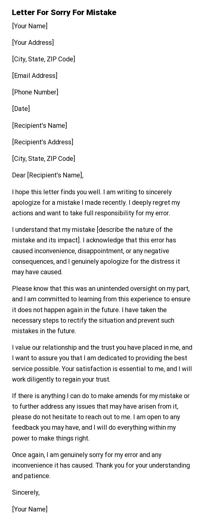 Letter For Sorry For Mistake