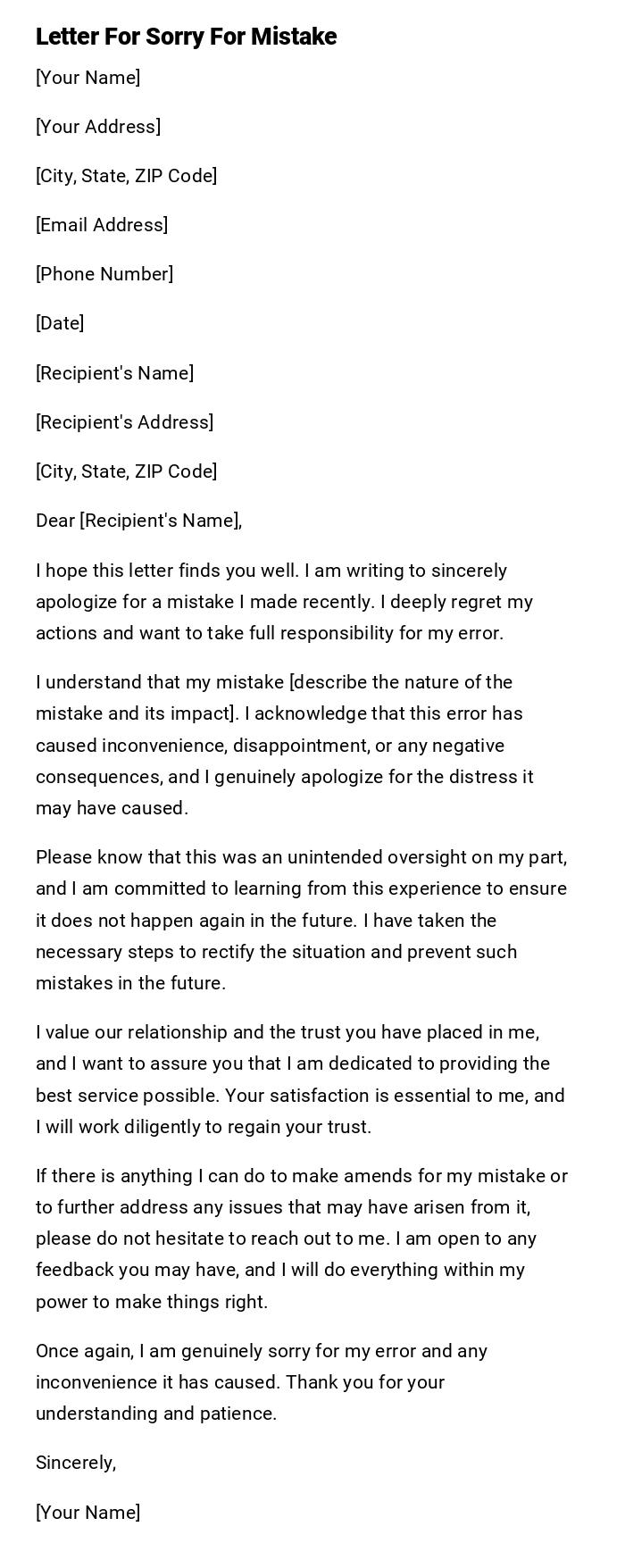 Letter For Sorry For Mistake