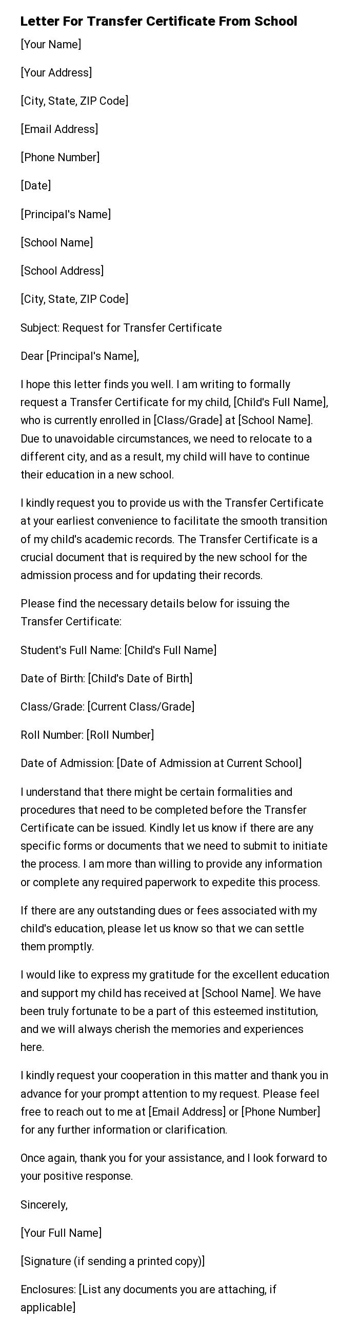 Letter For Transfer Certificate From School