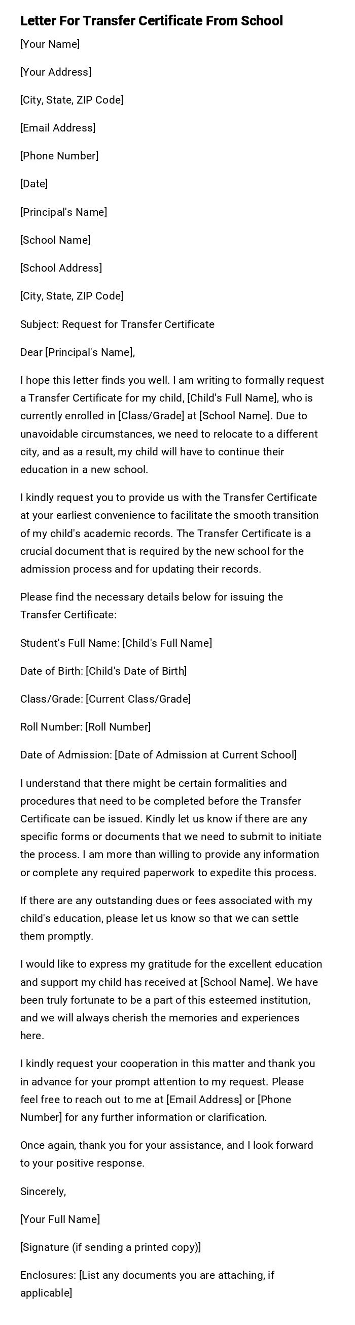 Letter For Transfer Certificate From School