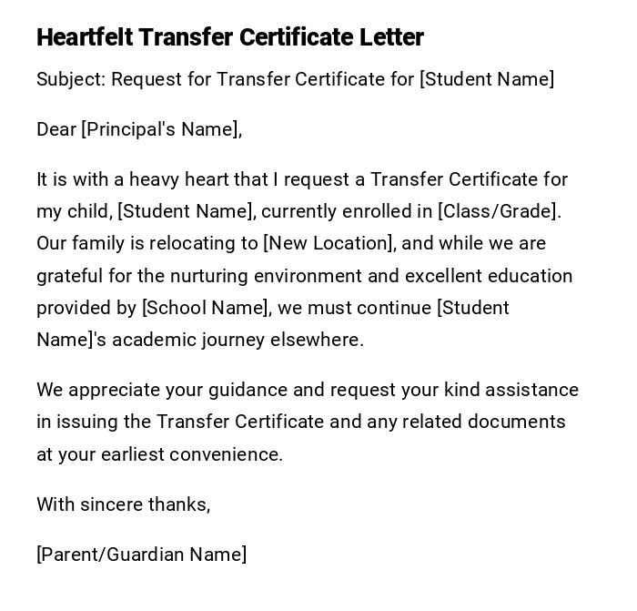 Heartfelt Transfer Certificate Letter Heartfelt Transfer Certificate Letter