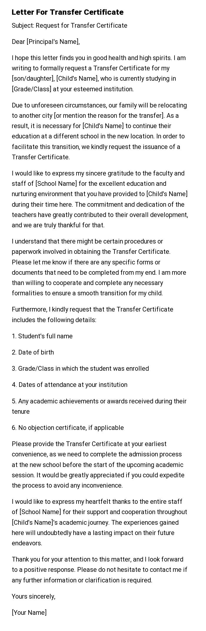 Letter For Transfer Certificate