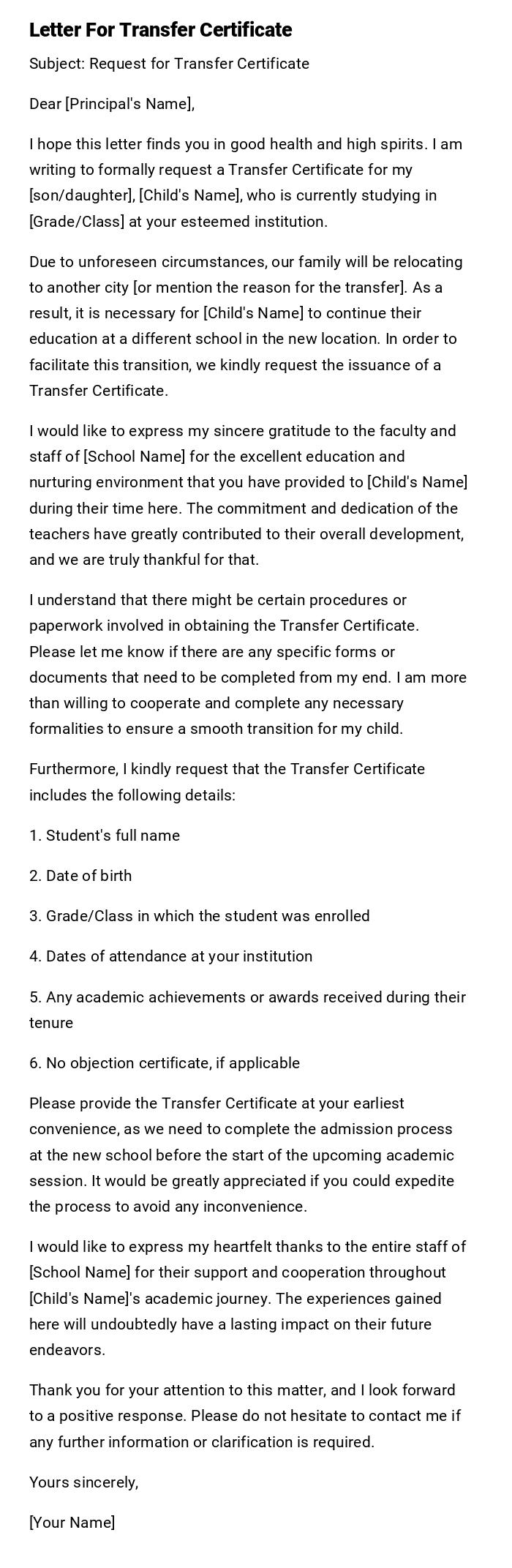 Letter For Transfer Certificate