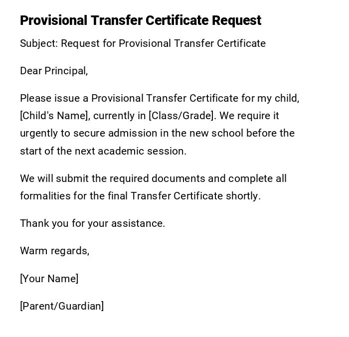 Provisional Transfer Certificate Request Provisional Transfer Certificate Request