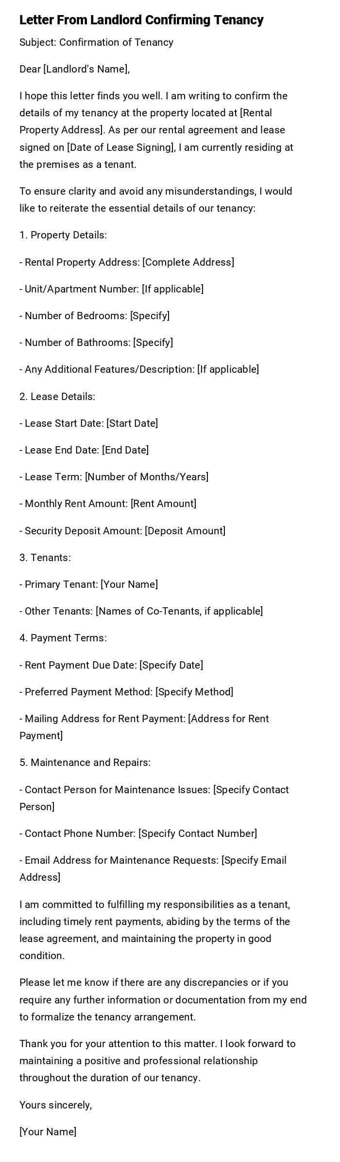 Letter From Landlord Confirming Tenancy