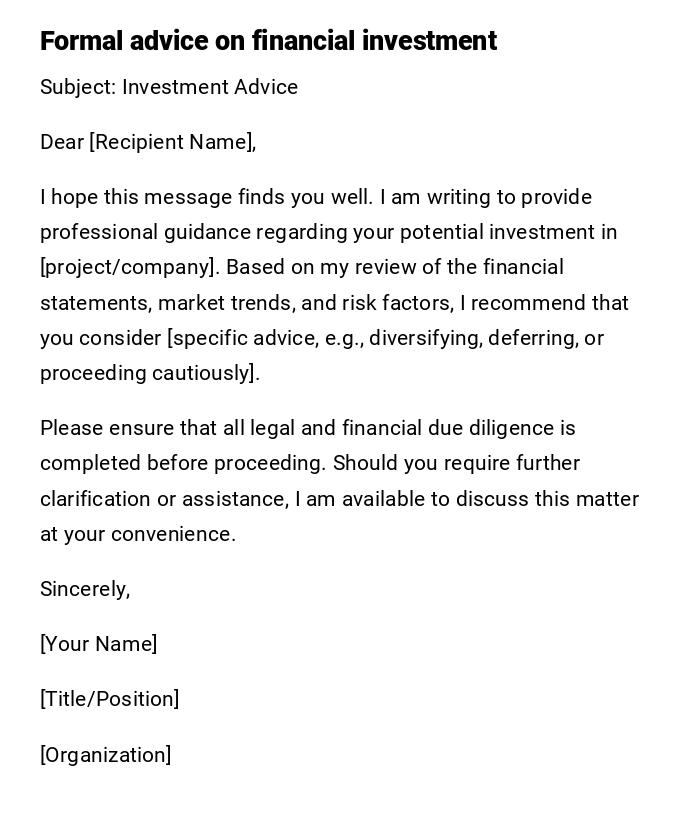 Formal advice on financial investment Formal advice on financial investment