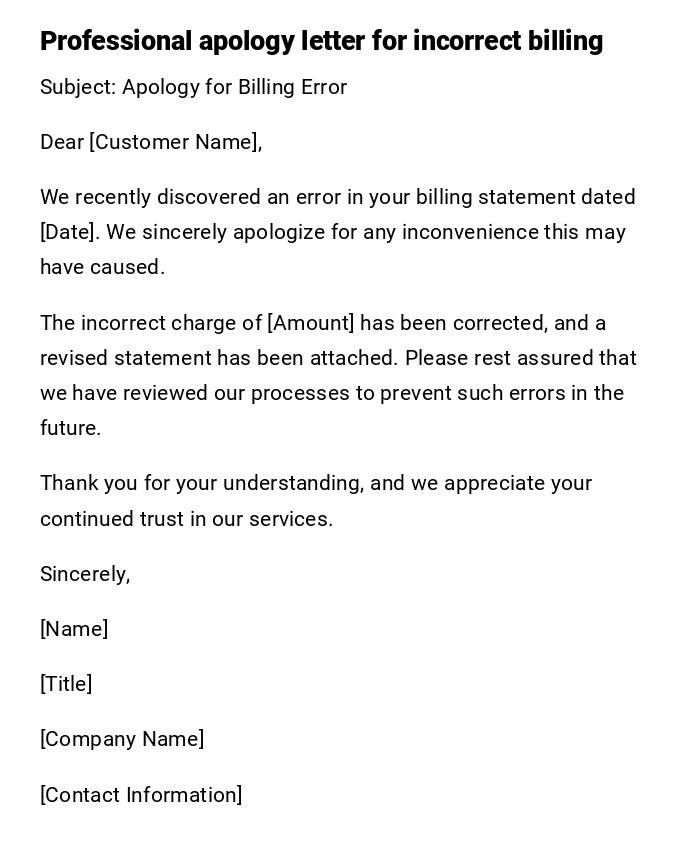 Professional apology letter for incorrect billing