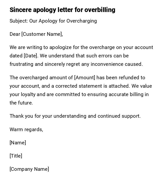 Sincere apology letter for overbilling