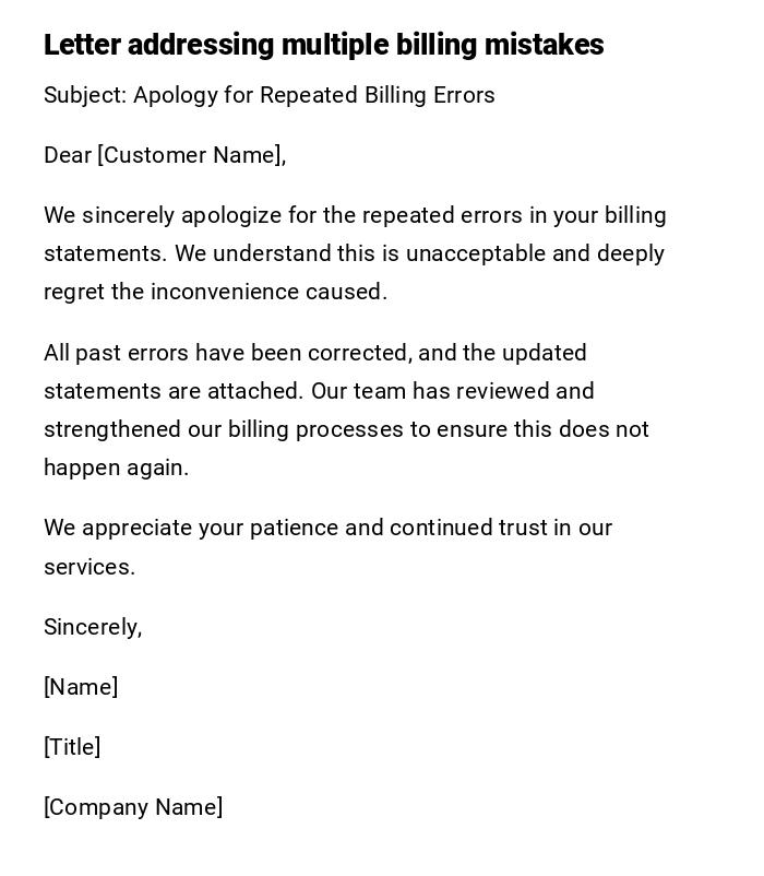 Letter addressing multiple billing mistakes