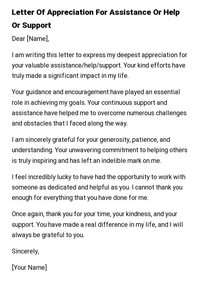 Letter Of Appreciation For Assistance Or Help Or Support