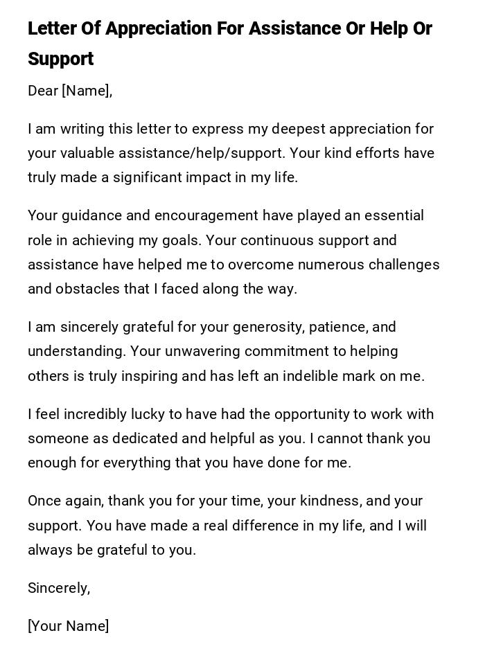 Letter Of Appreciation For Assistance Or Help Or Support