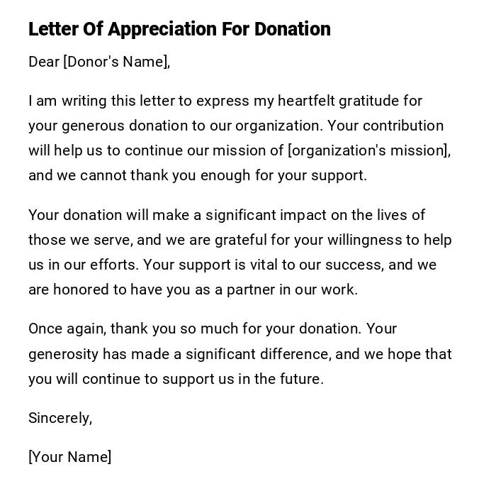 Letter Of Appreciation For Donation