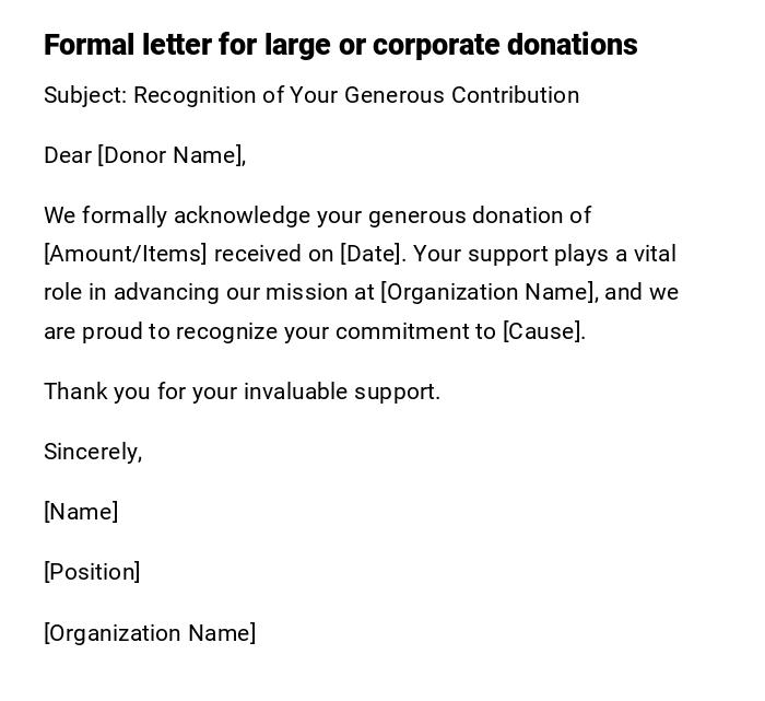 Formal letter for large or corporate donations Formal letter for large or corporate donations
