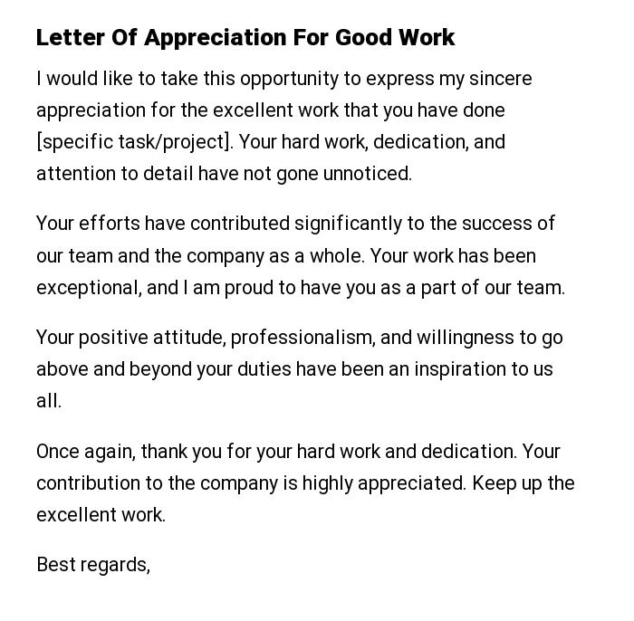 Letter Of Appreciation For Good Work