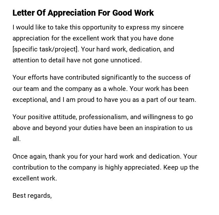 Letter Of Appreciation For Good Work