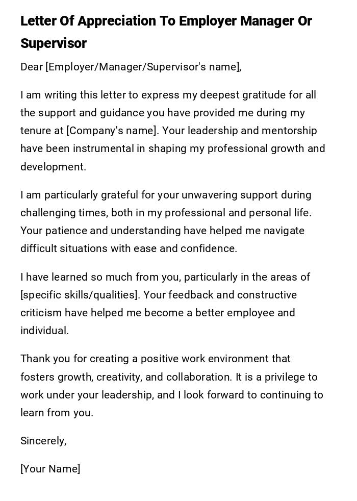Letter Of Appreciation To Employer Manager Or Supervisor Letter Of Appreciation To Employer Manager Or Supervisor