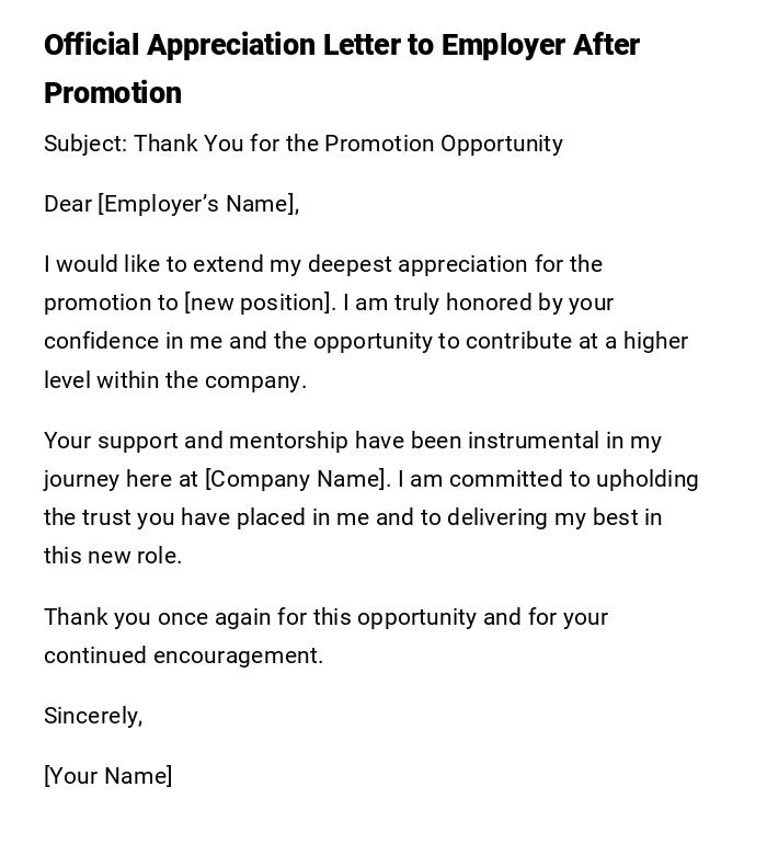 Official Appreciation Letter to Employer After Promotion Official Appreciation Letter to Employer After Promotion
