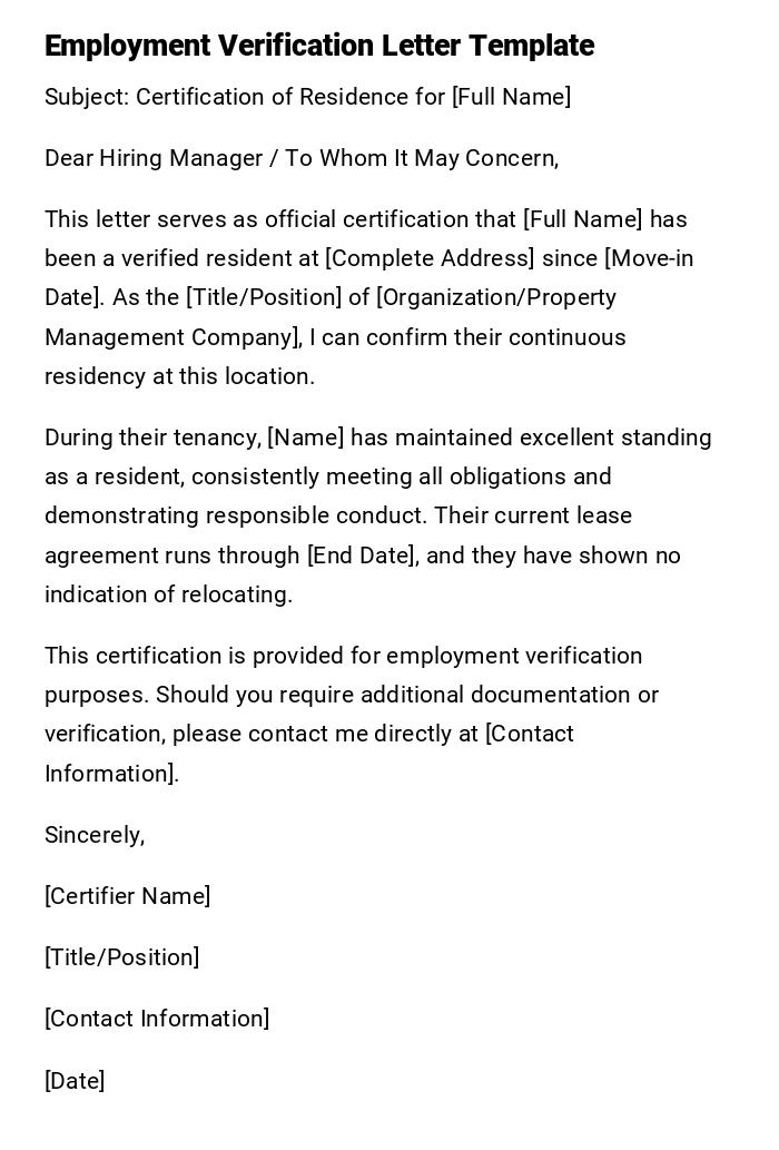 Employment Verification Letter Template Employment Verification Letter Template