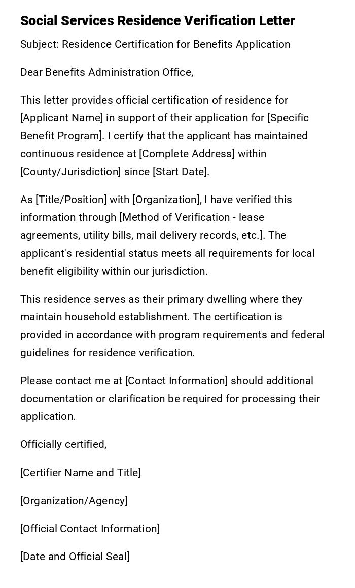 Social Services Residence Verification Letter Social Services Residence Verification Letter