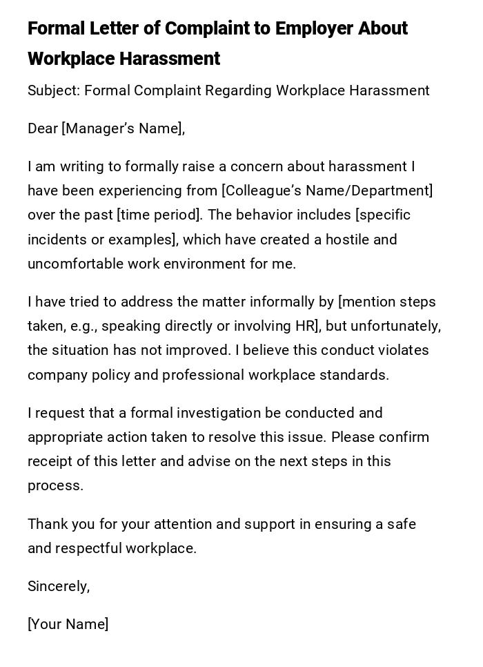 Formal Letter of Complaint to Employer About Workplace Harassment