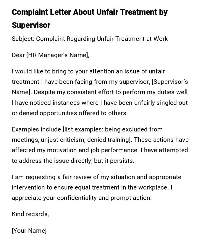 Complaint Letter About Unfair Treatment by Supervisor