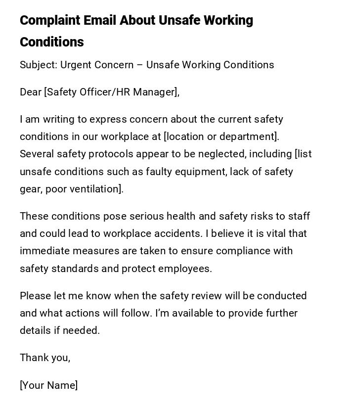 Complaint Email About Unsafe Working Conditions