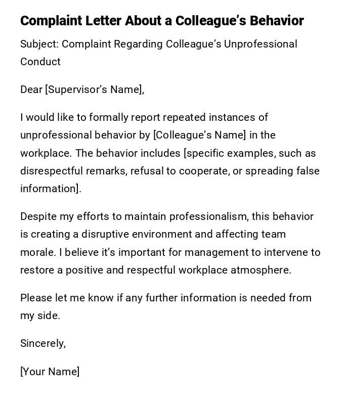 Complaint Letter About a Colleague’s Behavior