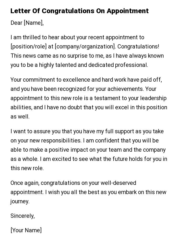 Letter Of Congratulations On Appointment