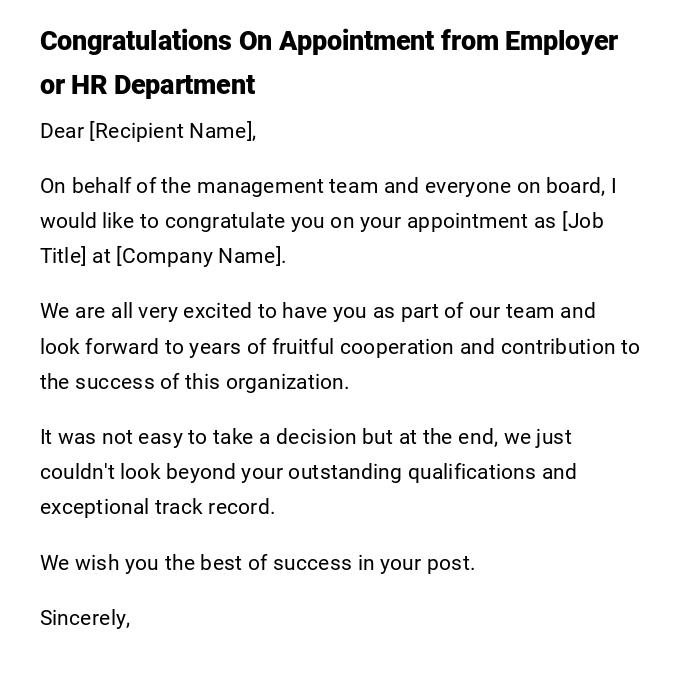 Congratulations On Appointment from Employer or HR Department Congratulations On Appointment from Employer or HR Department